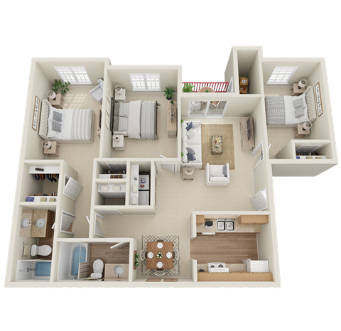 Village Square of Hot Springs 3 Bed/2 Bath 1095 sq ft 3D Floor Plan